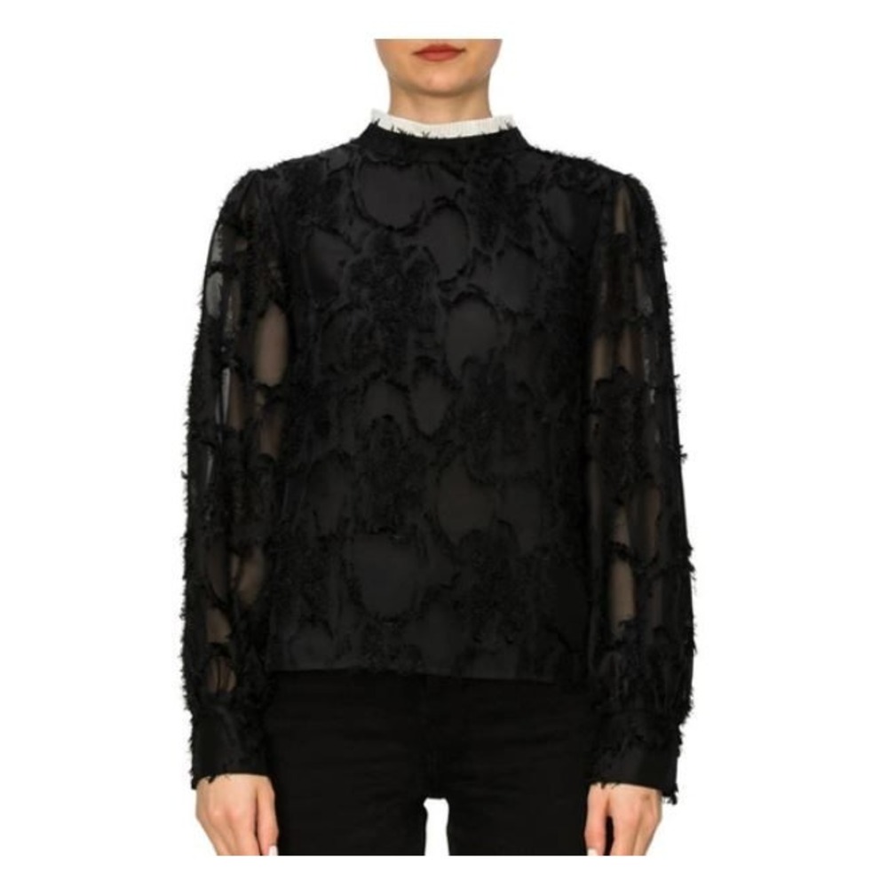 NWT Melloday Burnout Flower Long Sleeve Blouse XL Black Mock Neck White Trim